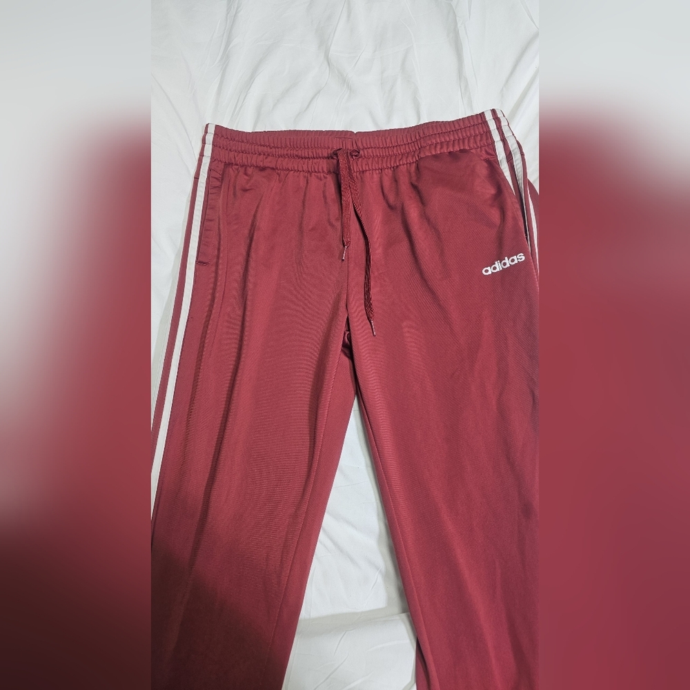Adidas Burgundy Track Pants with White Stripes